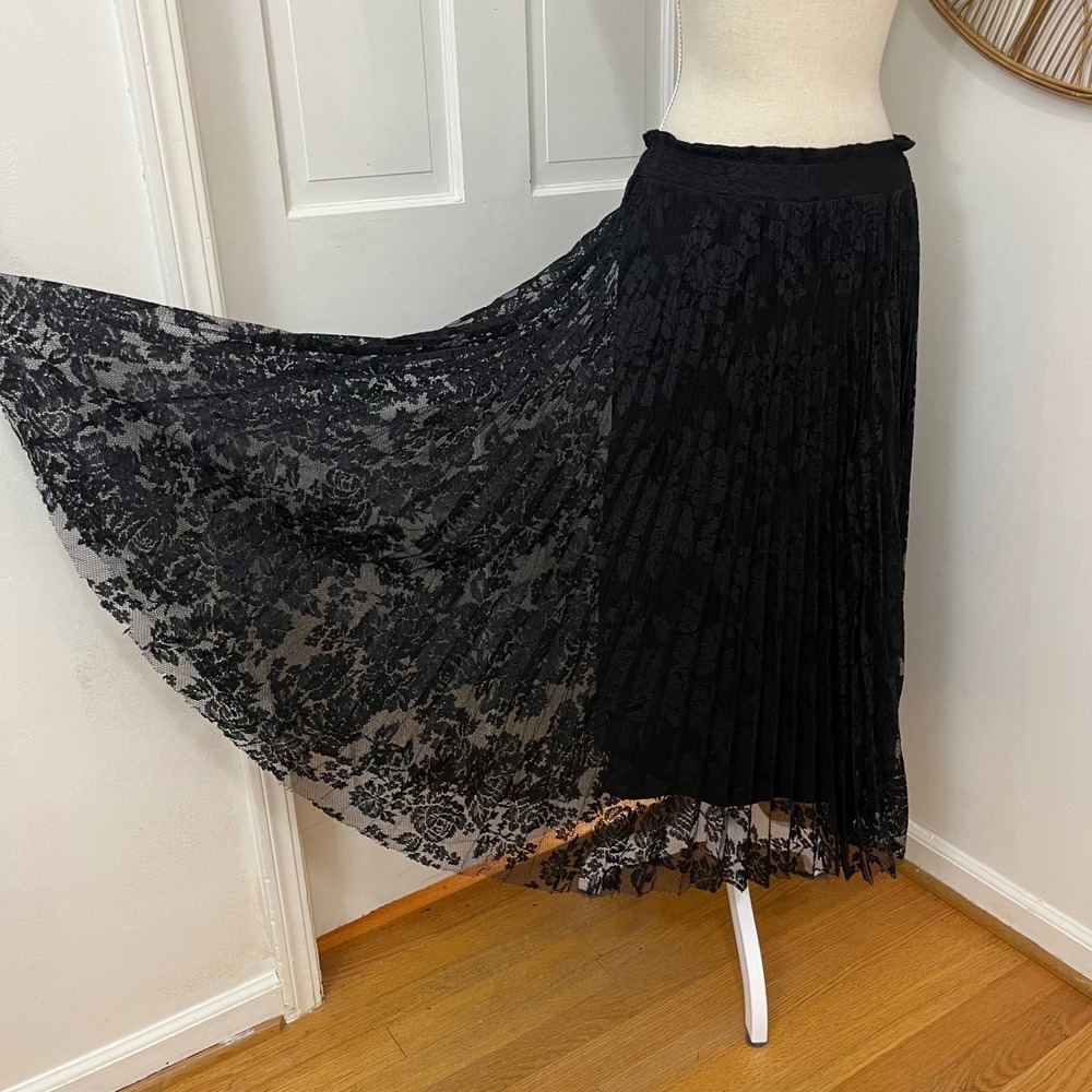 C'est Toi Black Lace Pleated Midi Skirt L Floral Dark Romantic Witchy Whimsigoth